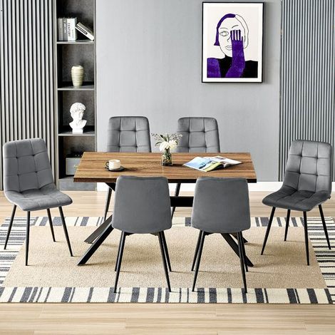 Ensemble table à manger - WAFTING - 140x80x76 cm - 6 chaises velours gris foncé - Plateau aspect bois - Structure métal (1/5)
