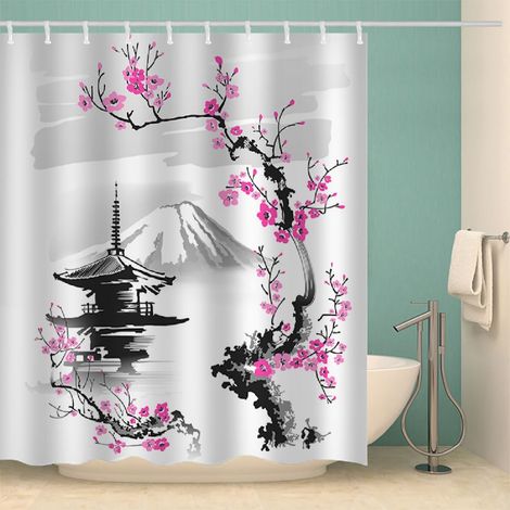 Rideau de douche, style japonais, 120 x 180 cm, en polyester, anti-moisissure, avec 12 crochets, anti-bactérien, lavable, imperméable, pour salle de bain (style 34 à 9) (1/5)