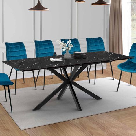 Mesa de comedor extensible rectangular ALIX para 6-10 personas, con patas en forma de araña negras y tablero con efecto mármol n (1/5)