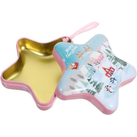 Boîte à bonbons de Noël en métal avec sangle de suspension, motif étoile, idéale pour ranger les biscuits pendant les fêtes et décorer la maison. (1/5)