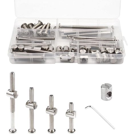56-teiliges Ersatzset für Babybettschrauben – M6 x 40 mm/50 mm/60 mm/70 mm/80 mm Innensechskantschrauben, Zylindermuttern, Sortimentsset für Betten, Kopfteile, Stühle, Möbel. (1/5)