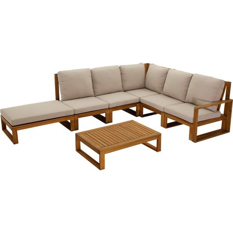 Salon de jardin d'angle 6-8 places en bois massif avec coussins déhoussables taupe SALSA