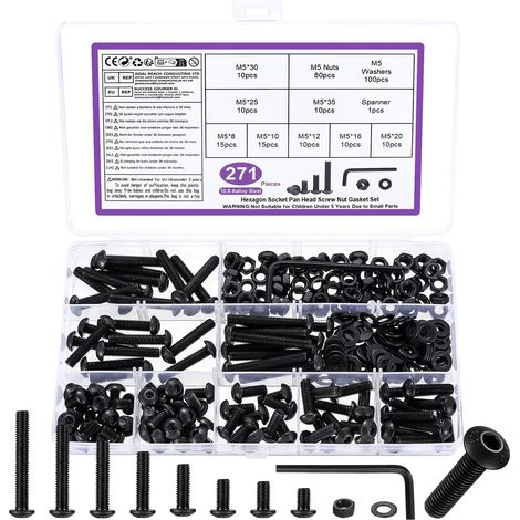 271 Pcs M5 Jeu de Vis et Écrous, Vis Boulon et Écrous à Tête Hexagonale Noir Vis à Tête Hexagonale Ronde et Écrous et Rondelles Assortiment Kit,et Clés,Acier Au Carbone Vis à Six Pans Creux à Tête (1/5)