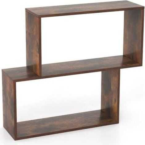 Bibliothèque marron rustique en bois à 3 niveaux avec 2 compartiments cubiques et dispositif anti-basculement pour salon et chambre