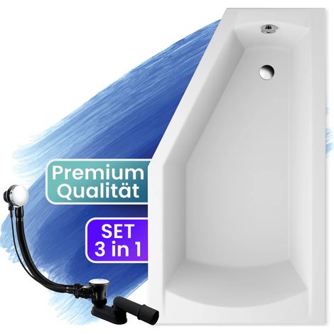 Badewanne Eckbadewanne 160x90 Rechts, Ablaufgarnitur & Füßen GRATIS - Komplettset 3in1 Original Acryl Wanne Premium Siphon - BADLAND SELENA