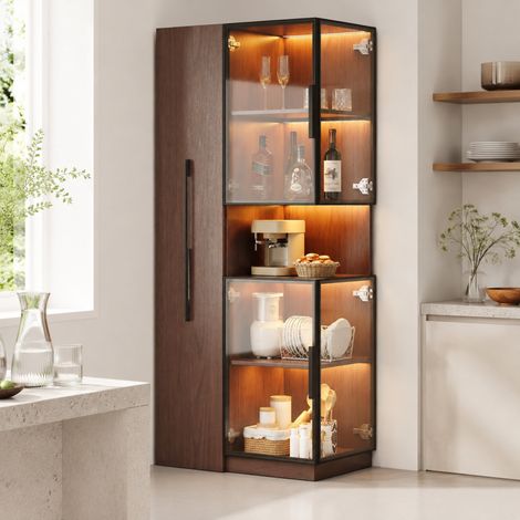 Vitrine en verre avec étagères coulissantes et LED, 70 x 38 x 160 cm, noyer OKMYHOME (1/5)