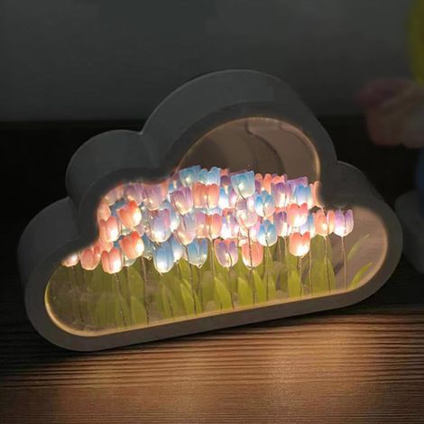 (20 Fleurs) Lampe Tulip Veilleuse avec Miroir, Lampe à Fleurs Artificielles Assemblée, Lampe de Table Décoration Chambre Cadeau pour Femme, Copines, Soeurs, Décoration Bureau, Design Nuage (Plusieurs (1/4)
