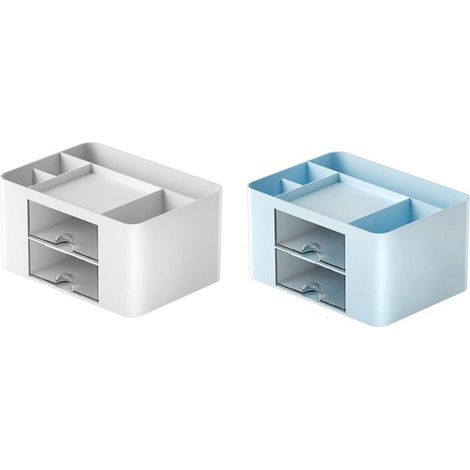 Zwei schlichte, blau-weiße, transparente Schubladenboxen zur Aufbewahrung für Kinder und Schüler, ideal für Schreibtische und als Stiftehalter.