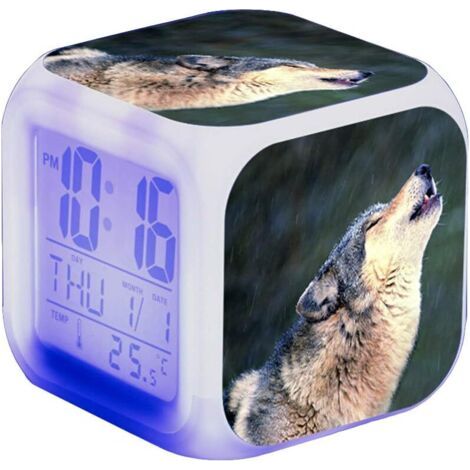 Réveil LED  - Pour enfant - Réveil de chevet - Carré - Écran LCD éclairé - Motif loup (2) (1/4)