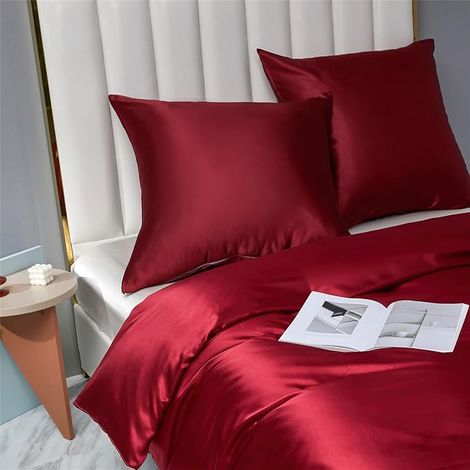 Duvet Cover 220 x 240 cm Satin Bordeaux Red Plain Silk Bedding Set Smooth Silky Shiny Soft Duvet Cover Sets Double Duvet Cover with 2 Pillowcases 65 x 65 cm with Zip (1/4)