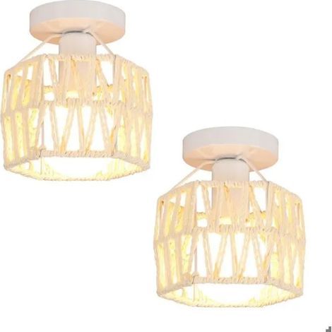 2pcs Rétro Plafonnier Industriel Lustre Vintage Abat-jour Design Carré en Rotin Blanc Lampe de Plafond pour Salon Chambre (1/5)