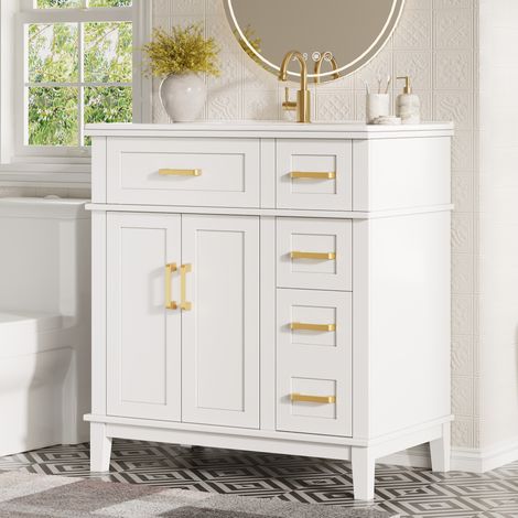 Meuble sous vasque avec lavabo en céramique, 76 cm, blanc, rangement spacieux, portes et tiroirs à fermeture douce, design moderne pour salle de bain  CHICFURN (1/5)