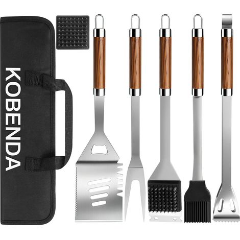 Kit Barbecue Complet 7 Pièces avec Sac de Rangement - Set d'Ustensiles en Acier Inoxydable pour Jardin et Campement, Spatule, Pince, Fourchette et (1/5)