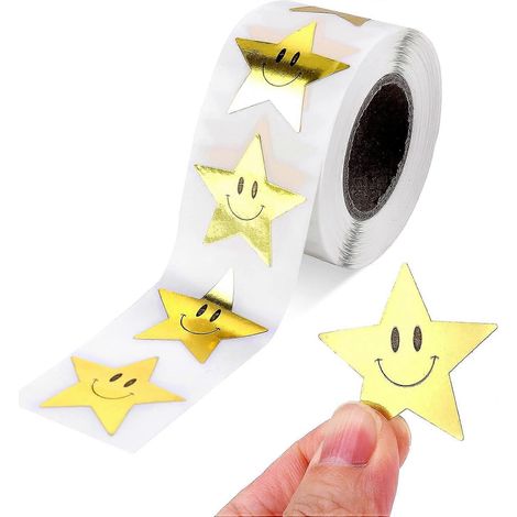 500 autocollants étoiles dorées souriantes, autocollants étoiles pour tableau de récompenses, autocollants étoiles de récompense pour enfants, autocollants étoiles dorées souriantes (1 rouleau/2,5 cm) (1/4)
