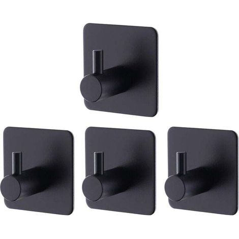 Lot de 4 crochets muraux autocollants noirs, adaptés aux salles de bains et aux cuisines, en acier inoxydable, installation sans perçage. (1/4)