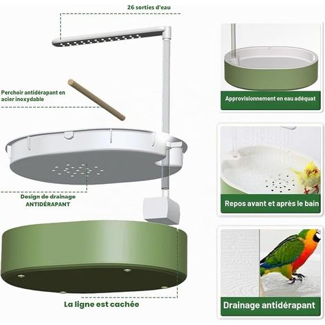 Douche pour Perruches, Bain d’Oiseaux Automatique avec Pompe USB et Eau en Circulation, Baignoire pour Cage pour Calopsittes, Inséparables et Petits Perroquets, Vert (1/4)