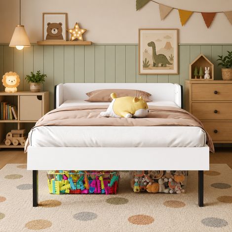 Lit enfant 90×200cm, lit simple en forme de chiot, lit ado, barrière de sécurité à la tête de lit, style moderne, pour garçons et filles, Sommier à lattes, Bois, Blanc (1/4)