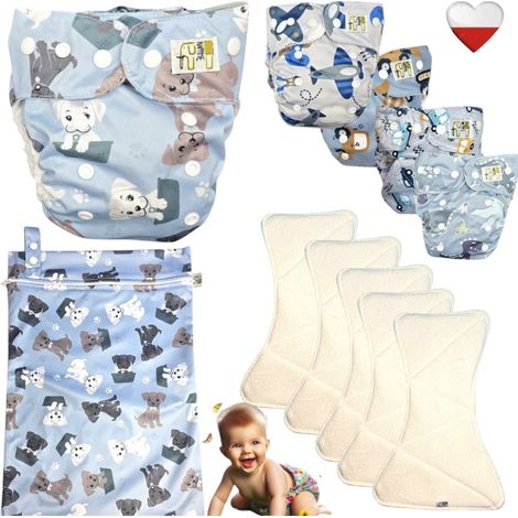Set mit 5 wiederverwendbaren Coolmax AIO Windeln mit Beutel – blaue Hunde (1/4)