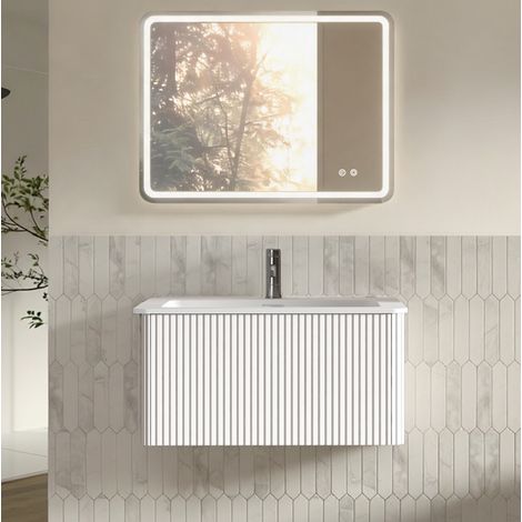 Conjunto de mueble de baño con espejo LED, lavabo integrado, blanco, MDF, contrachapado, cristal y Solid Surface (1/5)
