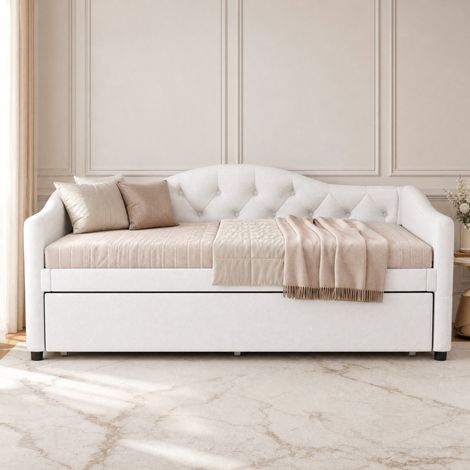Cama de día 90x200 cm con cama nido extraíble, beige, lino y MDF, sin colchón (1/5)