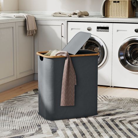 Panier à linge double pliable 80 L corbeille à linge sale avec couvercle. poignées rainurées. gris (1/5)
