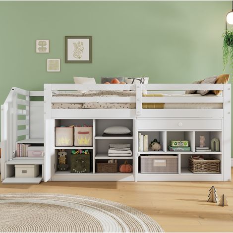 MODFU – Lit enfant 90x200 cm bois blanc – Escalier, rangements et bureau réversible – Blanc (1/5)