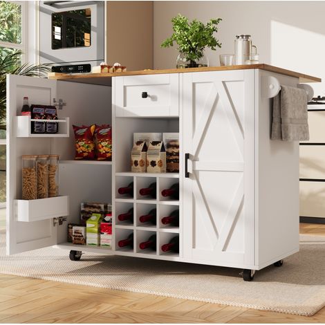 Kücheninsel mit ausziehbarer Arbeitsplatte, Weiß, MDF und Metall HAVRYA (1/5)