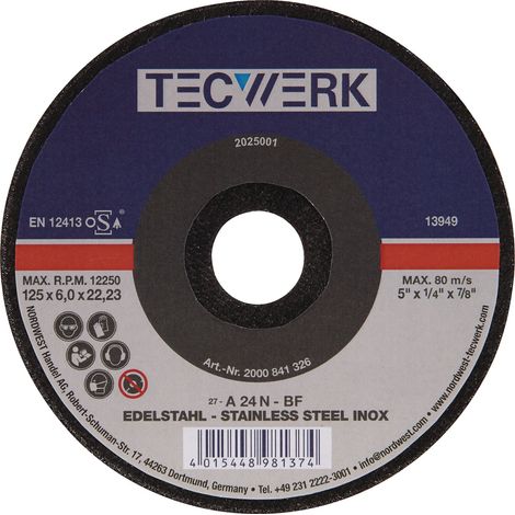 Disco  de  desbaste  INOX  D125xS6mm  curvo.INOX  perforación.22,23mm  TECWERK (1/2)