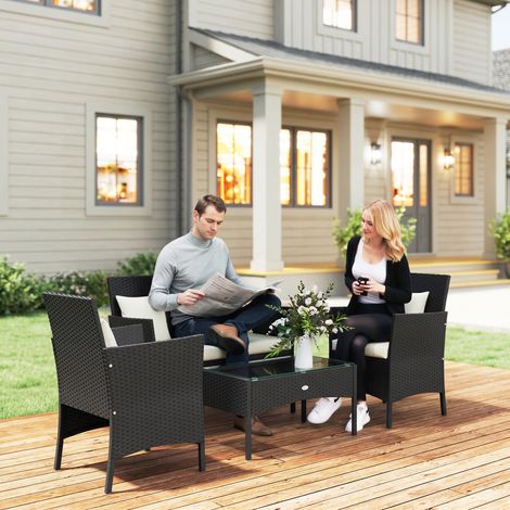 Ensemble de jardin en rotin 4 pièces : 2 fauteuils, canapé 2 places et table basse (1/5)
