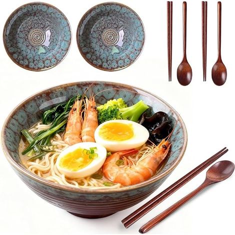 Set Ceramic Ramen Bowls 1200ml Chopsticks Spoons Large Soup Bowl Ramen Soup Pasta Fruit Salad (1/5)