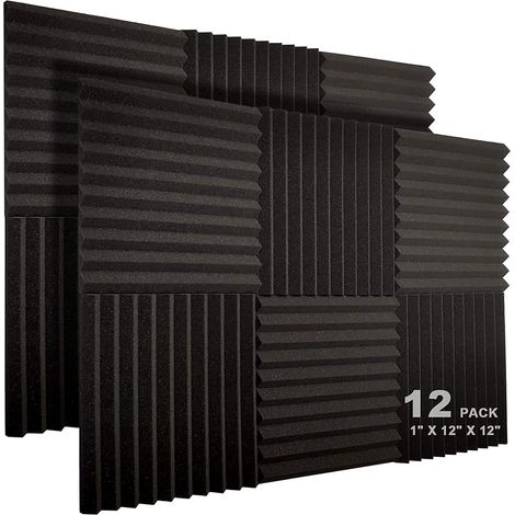 Confezione da 12 pannelli acustici in schiuma, 1 x 12 x 12 pollici, fonoassorbenti, ignifughi, a forma di cuneo, per studio, trattamento acustico (nero) (1/5)