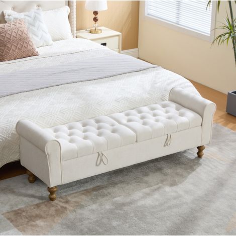 Panca contenitore 134.5x30x49 cm, con 2 coperchi e ampio spazio, seduta multifunzione, chenille beige (1/5)