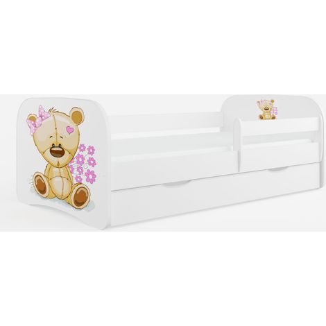 Lit enfant blanc ourson et fleurs avec sommiers et barrière de sécurité amovible Drimy-70x140 (1/5)