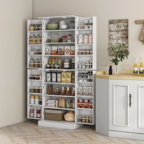 Armoire de Cuisine Buffet Placards Étagère Réglable Porte-épices 60x35x166cm Blanc