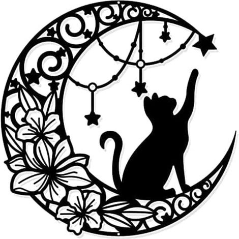 Décoration murale en métal noir lune et chat – Silhouette élégante pour salon, chambre, cuisine, salle de bains – Matériaux en fer de haute qualité (1/5)