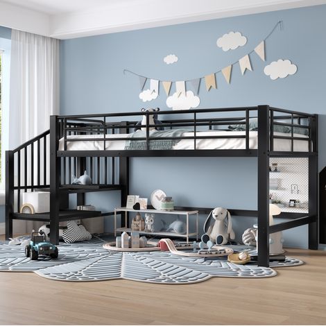 Lit mi-hauteur enfant 90x200 cm avec escalier de rangement, sommier à lattes, métal et MDF, noir (1/5)