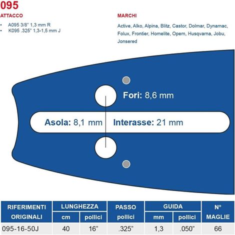 Barra motosega 40 cm - 16" passo .325", spessore 1.3 mm - .050" attacco 095, 66 maglie 452783