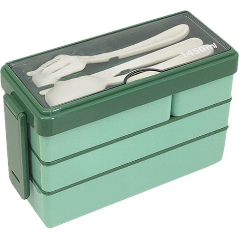 Boîte à lunch à trois compartiments, idéale pour les employés de bureau et les étudiants, boîte bento en plastique, compatible micro-ondes, boîte à lunch faible en gras, verte. (1/5)