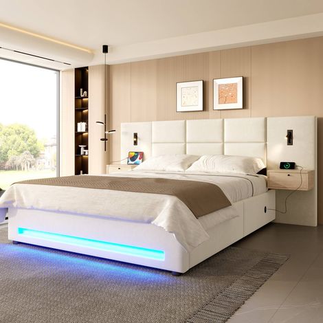 Lit 180x200 cm en velours avec tiroirs, lumière led, usb, rangement hydraulique et structure métallique (200 kg). (1/5)