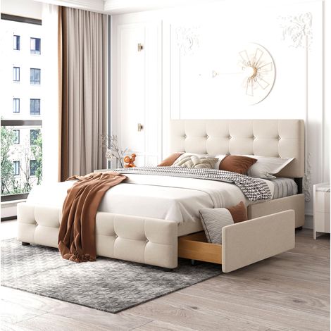 Polsterbett 140/200 cm Beige aus Samt mit 4 Schubladen und Lattenrost (1/5)