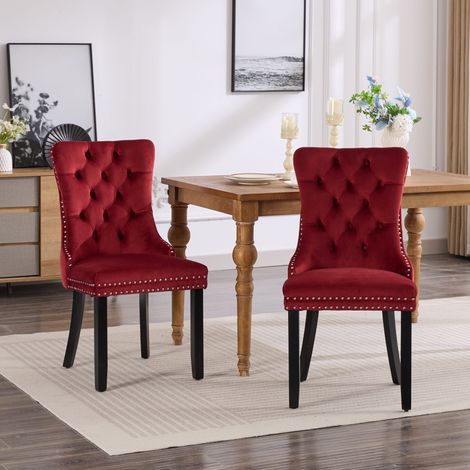 Set di 2 Sedie da Pranzo in Velluto - Design Classico Capitonné con Anello Posteriore e Borchie - Gambe in Legno Massello, Rosso (1/5)