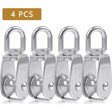 Poulie Simple Poulie pour Cable 15MM Acier INOX, Poulie Escalade Poulie Rouleau de Chargement, Poulie de Levage Capacité 35kg - 4pcs Argent (1/5)