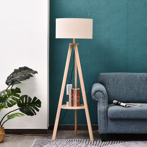 Naturel 50x50x154 cm - Lampe de pied trépied doté de structure en bois et abat-jour en tissu beige avec étagère intégrée