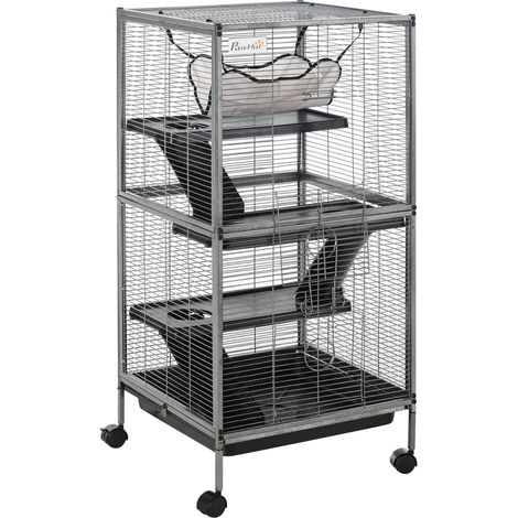 Cage à roulettes pour petits animaux (chinchillas, furets, chatons), avec hamac, 4 plateformes et plateau amovible, couleur argent.