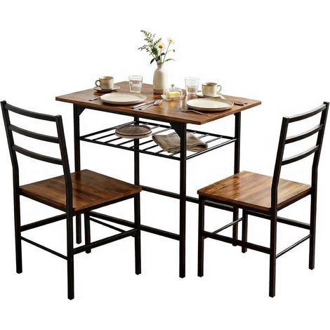 Set da pranzo moderno con tavolo e 2 sedie, salvaspazio, nero e marrone rustico (1/5)