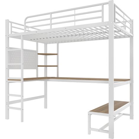 Cama alta 90 x 200 cm de metal blanco con escritorio, estantes, USB-C y LED HOMVRA (1/5)