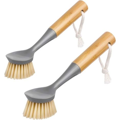 Dish brush with integrated bamboo handle, scraper, floor brush for cleaning dishes, pots, kitchen sinks, 2 pieces (gray) MUMU (1/4)
