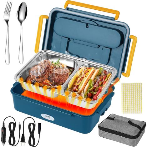 Lunch box elettrico portatile, capacità 1,5 l, funzionalità 3 in 1, controllo della temperatura a doppia zona, contenitore interno in acciaio inossidabile 304, adattatore di alimentazione 110 V/240 V (1/5)