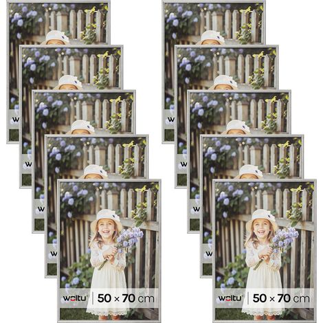 Lot de 10 Cadre Photo 50x70 cm WOLTU, Cadre en Bois Massif, Décoration Murale ou sur Table, avec Passe Partout, Argenté