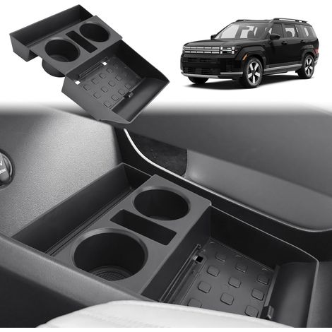 Compatible avec la console centrale de la Hyundai Santa Fe MX5 2024, 2025 et 2026, boîte de rangement, organiseur sous la console centrale, caoutchouc TPE, pliable, avec porte-gobelet, compatible avec (1/5)